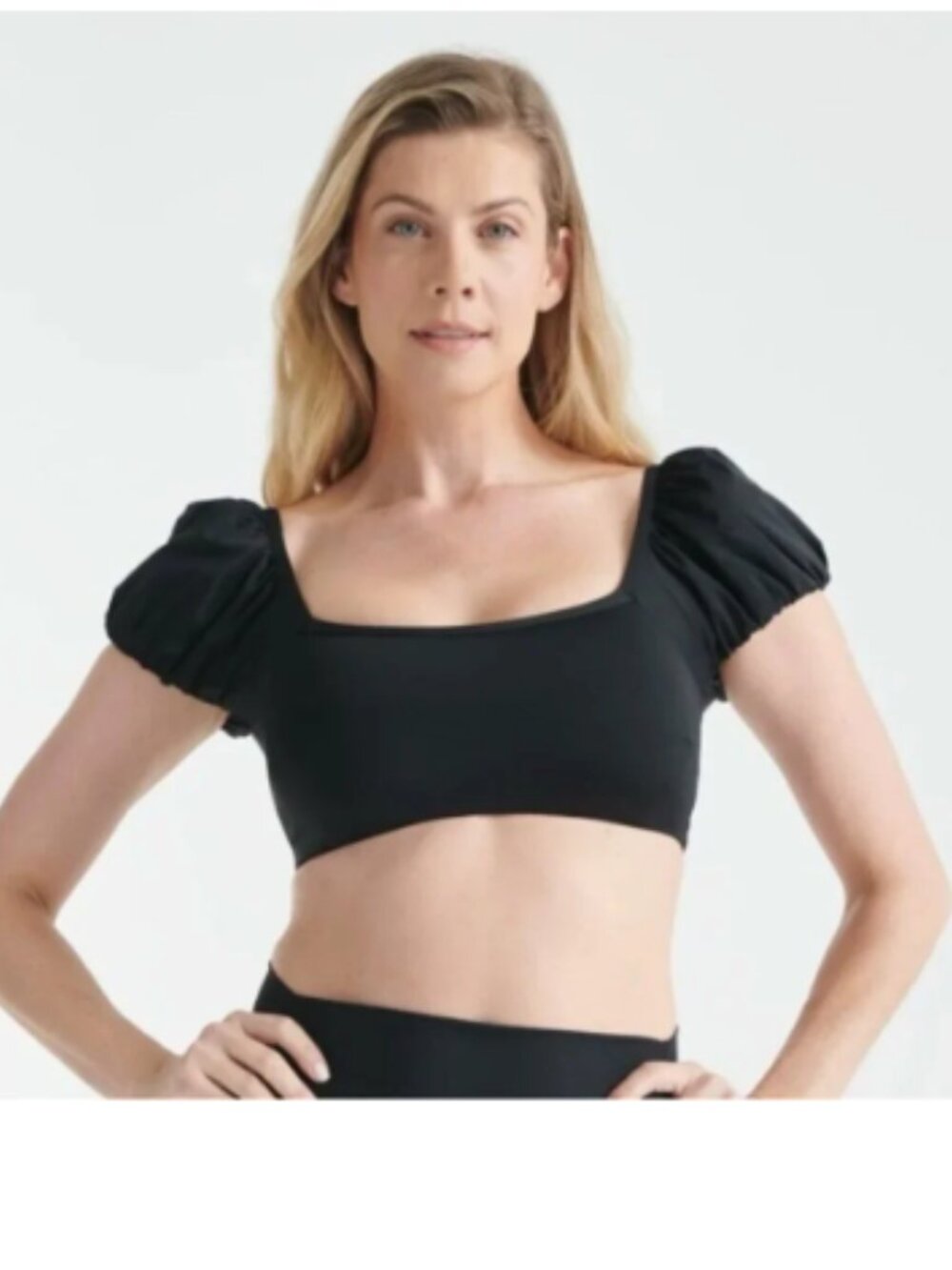 Knix Puff Sleeve Bikini Crop Top Square Neck Padded Black XS NWOT